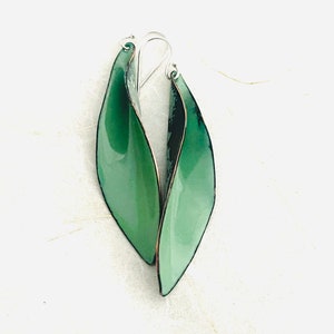 Large Leaf Earrings, Willow Green Enamel Hand Formed Copper Enamel Earrings, Statement Earrings, Green Leaf Earrings, Women’s Earrings
