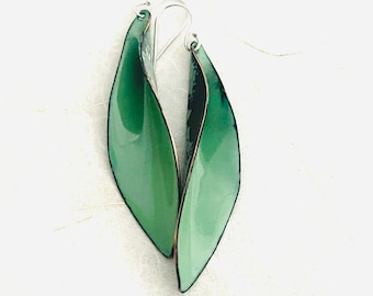 Large Leaf Earrings, Willow Green Enamel Hand Formed Copper Enamel Earrings, Statement Earrings, Green Leaf Earrings, Women’s Earrings