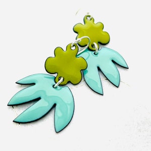 Retro Tropical Leaf Earrings, Mint Green and Chartreuse Enamel Leaf Earrings, Statement Earrings, Handmade Jewelry, Summer Jewelry