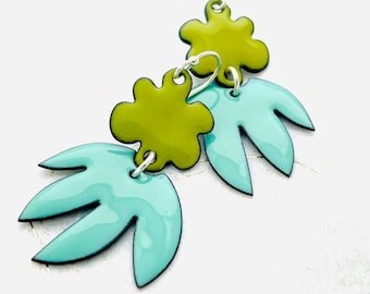 Retro Tropical Leaf Earrings, Mint Green and Chartreuse Enamel Leaf Earrings, Statement Earrings, Handmade Jewelry, Summer Jewelry