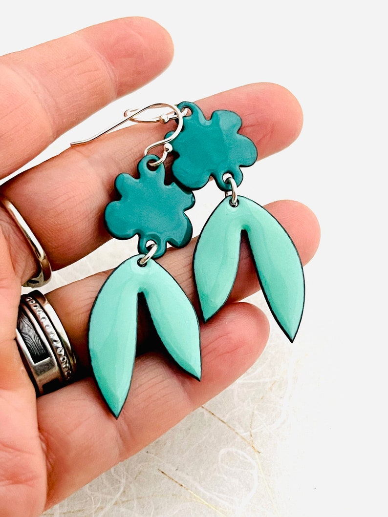 Retro Tropical Leaf Earrings, Mint Green and Spruce Green Enamel Leaf Earrings, Statement Earrings, Womens Earrings, Handmade Jewelry image 9