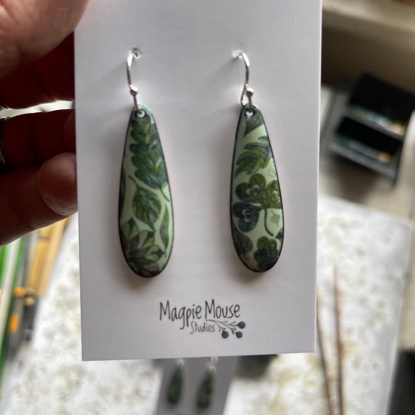 RESERVED LISTING Garden Earrings, Lichen Green Enamel,  Dangle Earrings, Teardrop Earrings, Leaf Earrings, Plant Lover Gift  Earrings