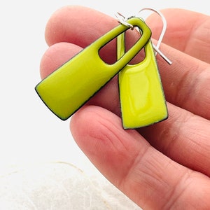 Chartreuse Green Enamel Small Rectangle Earrings, Sterling Silver Earwires