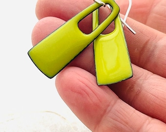 Small Rectangle Earrings, Chartreuse Green Enamel, Sterling Silver Earwires
