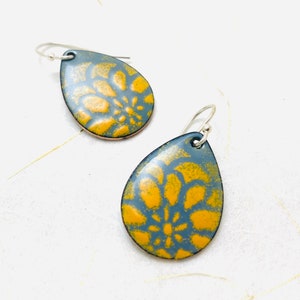 Mandala Earrings, Gray & Yellow  Enamel Geometric Flower Earrings, Gift for Her, Fall Earrings, Teardrop Earrings, Gray Earrings