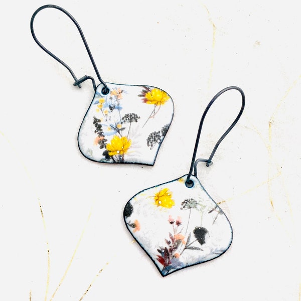 Wildflower Earrings, White Enamel, Flower Dangle Earrings, Cute Earrings, Women’s Earrings, Handmade Design Earrings, Handmade Earrings