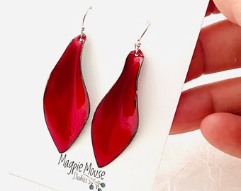 Small Leaf Earrings, Flame Red Enamel, Leaf Earrings, Red Earrings, Women’s Earrings, Winter Earrings, Dangle Earrings, Mothers Day Gift