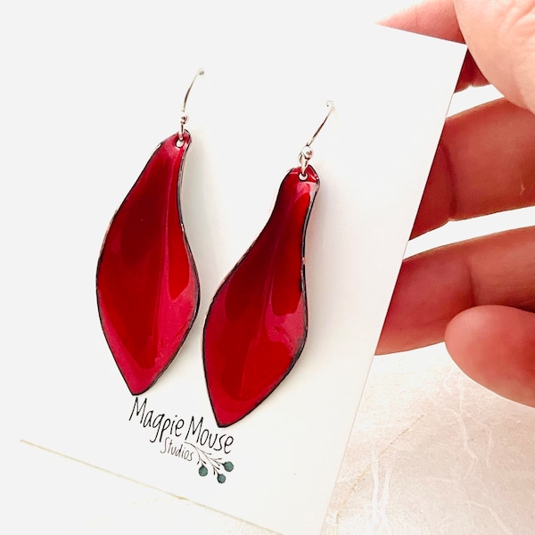 Small Leaf Earrings, Flame Red Enamel, Leaf Earrings, Red Earrings, Summer Earrings, Unique Earrings, Dangle Earrings, Mothers Day Gift