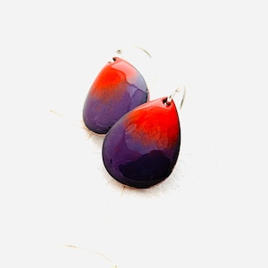 Small Teardrop Earrings, Iris Purple and Flame Orange Enamel Earrings, Colorful Ombré Earrings, Gift For Her Earrings, Cute Earrings