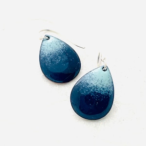 Small Teardrops, Navy Blue Ombré Enamel  Earrings, Sterling Silver Earwires