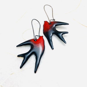 Swallow Earrings, Black & Red Enamel Bird Earrings, Winter Earrings, Handmade Enamel Earrings, Black Bird Earrings, Bird Lover Gift Earrings