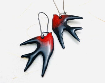 Swallow Earrings, Black & Red Enamel Bird Earrings,  Summer Earrings, Halloween Earrings, Black Bird Earrings, Bird Lover Gift  Earrings