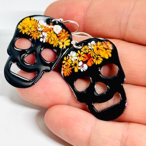 Sugar Skull Earrings, Black Enamel Floral Enamel Day of the Dead Earrings, Dia De Los Muertos Earrings