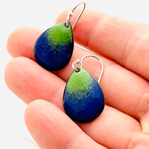 Seattle Football Fan Earrings, Dark Blue & Green Enamel Drop Earrings, Teardrop Earrings, Small Earrings, Gift For Her, Cute Earrings