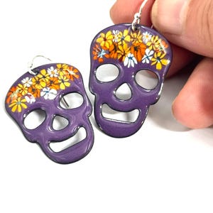 Sugar Skull Earrings, Iris Purple Enamel Floral Enamel Day of the Dead Earrings, Dia De Muertos Earrings