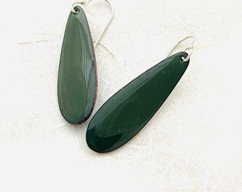 Enamel Long Teardrop Earrings, Alpine Green, Sterling Silver Earwires