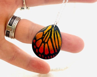 Enamel Monarch Butterfly Wing Necklace, Orange Tones, Sterling Silver Chain