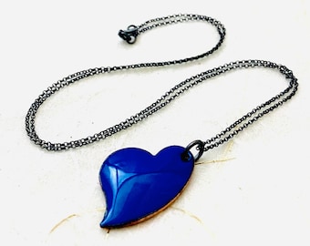 Heart Necklace, Dark Blue Enamel Necklace,  Minimalist Asymmetrical Heart Pendant, Necklace Womens Necklace, Gift Necklace