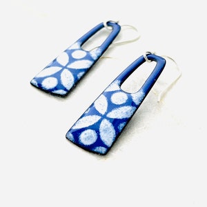 Folk Art Earrings, Dark Blue and White Enamel Earrings, Rectangle Earrings, Handmade Earrings, Summer Earrings, Pattern Earrings