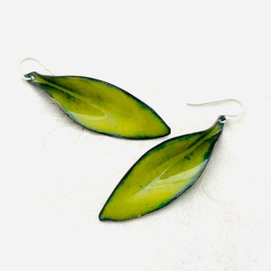 Large Leaf Earrings, Chartreuse Green Enamel Hand Formed Copper Earrings, Spring Earrings, Green Earrings, Statement Earrings