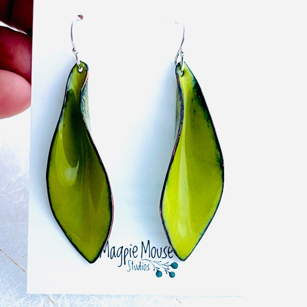 Small Leaf Earrings, Chartreuse Green Enamel, Hand Formed Earrings, Cute Earrings, Dangle Earrings, Colorful Earrings, Women’s Earrings