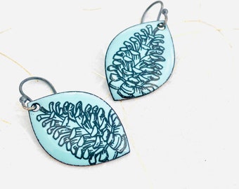 Pine Cone Earrings, Robins Egg Blue Enamel, Dangle Earrings, Handmade Earrings, Women’s Earrings, Blue Earrings, Gift For Her, Cute Earrings