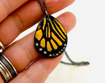 Yellow Enamel Monarch Butterfly Wing Necklace, Sterling Silver Chain