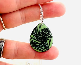 Pine Cone Necklace, Green Enamel, Conifer Cone Pendant, Green Necklace, Women’s Necklace, Gift For Her, Handmade Necklace, Fall Gift For Her