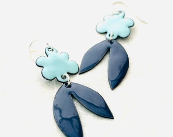 Retro Tropical Leaf Earrings, Navy Blue and Robins Egg Blue Enamel Leaf Earrings, Statement Earrings, Women’s Earrings, Handmade Jewelry