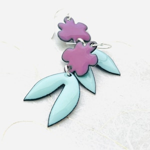 Retro Tropical Leaf Earrings, Robins Egg Blue and Orchid Purple Enamel Leaf Earrings, Statement Earrings, Gift Earrings