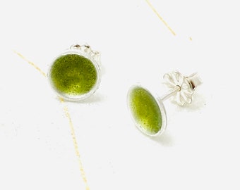 Stud Earrings, 1/4” Olive Green Enamel Minimalist Post Earrings, Small Earrings, Green Earrings, Handmade Earrings, Summer Earrings