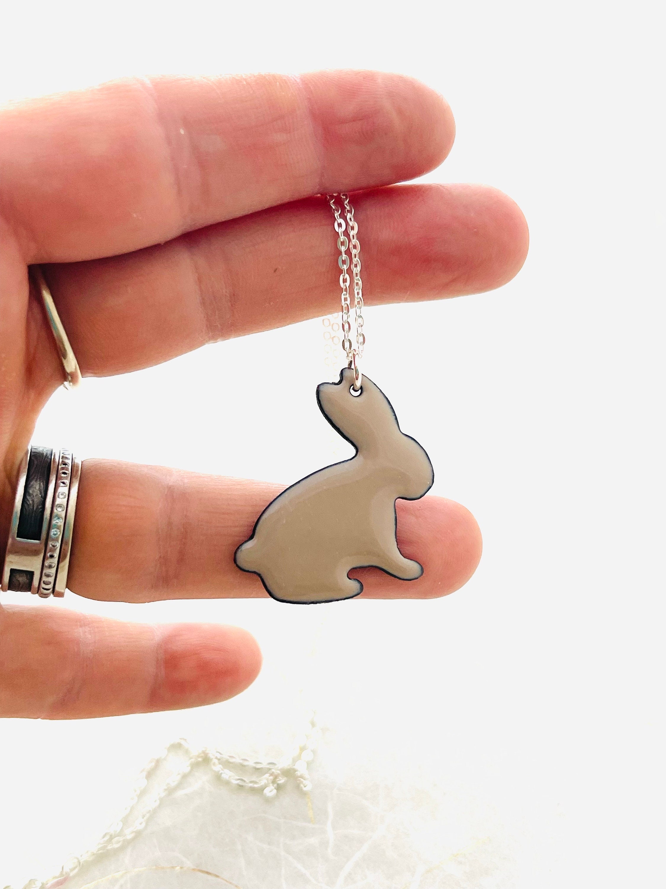 Rabbit Necklace, Brown Enamel Bunny Rabbit Pendant Necklace