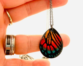 Handmade Enamel Monarch Butterfly Wing Necklace, Sterling Silver Chain