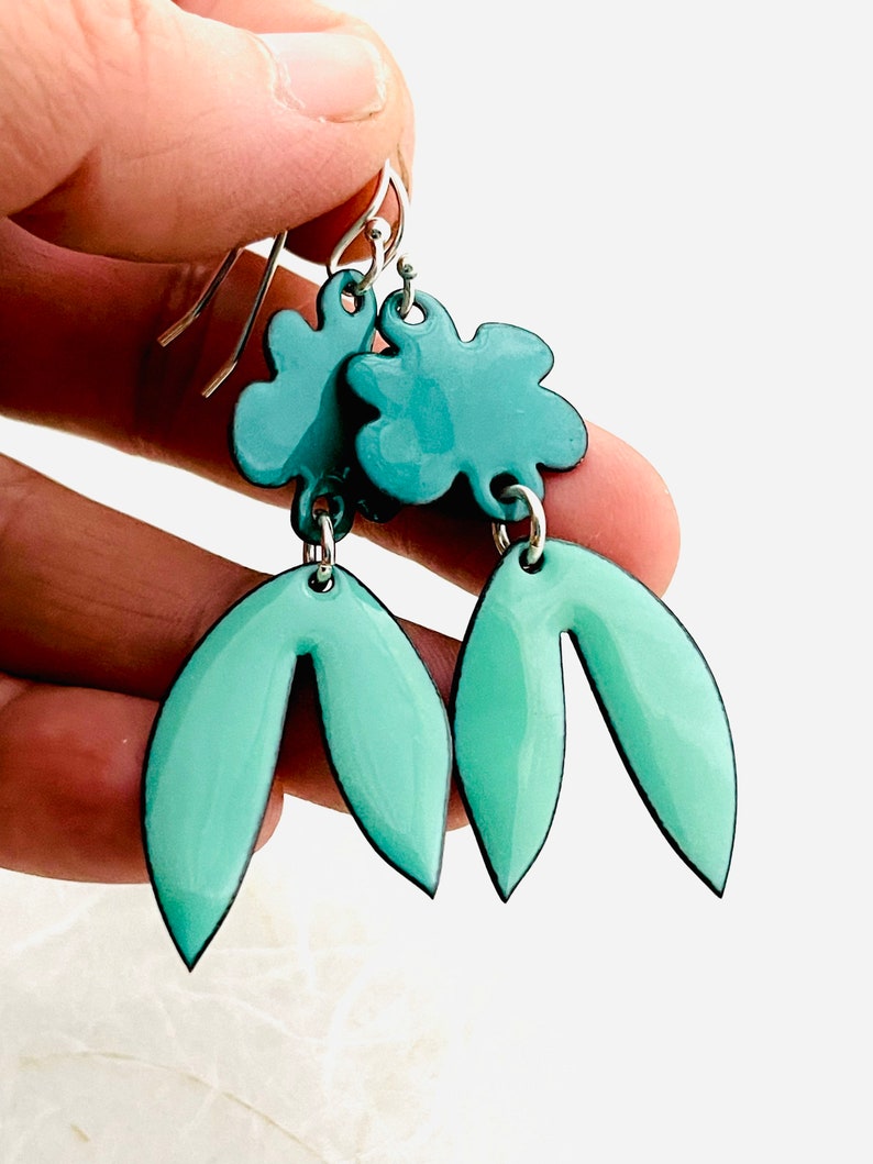 Retro Tropical Leaf Earrings, Mint Green and Spruce Green Enamel Leaf Earrings, Statement Earrings, Womens Earrings, Handmade Jewelry image 10