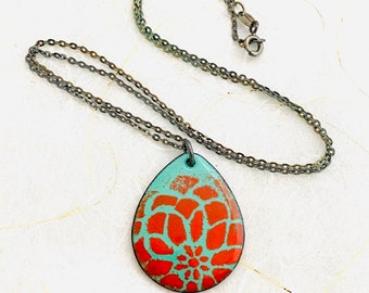 Mandala Necklace, Mint Green & Flame Orange Enamel Geometric Flower Pendant, Summer Necklace, Mothers Day Gift, Cute Necklace Gift