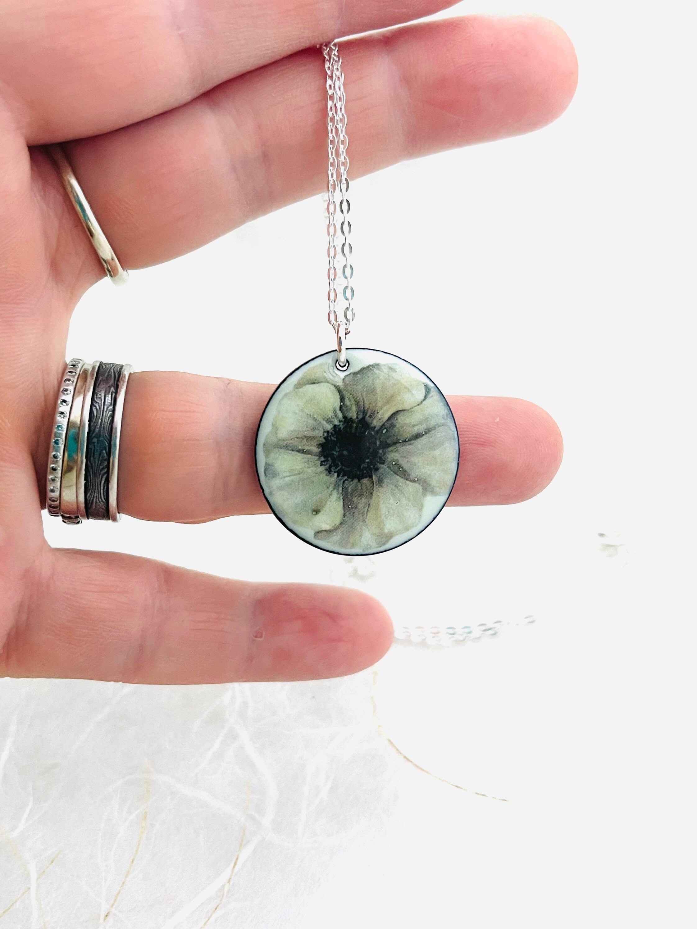 Green Enamel Poppy Pendant Flower 