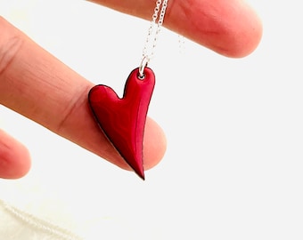 Heart Necklace, Red Enamel Minimalist Asymmetrical Heart Pendant, Red Heart Pendant, Anniversary Gift For Her, Cute Necklace, Gift Necklace
