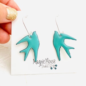 Swallow Earrings, Mint Green Enamel, Bird Earrings, Dangle Earrings, Gift For Her, Winter Bird Earrings, Handmade Earrings, Holiday gift