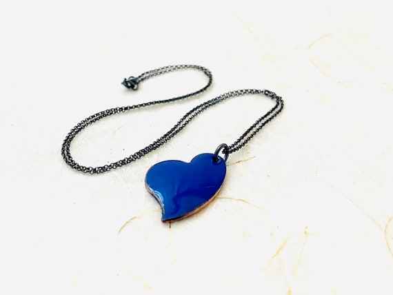 Heart Necklace Dark Blue Enamel Necklace Minimalist Asymmetrical