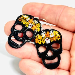 Sugar Skull Earrings, Black Enamel Floral Enamel Day of the Dead Earrings, Dia De Los Muertos Earrings