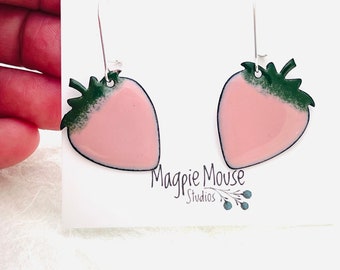Strawberry Earrings, Pink Enamel Strawberry Earrings, Cute Earrings, Dangle Earrings, Gift For Her, Womens Earrings, Fruit Earrings,