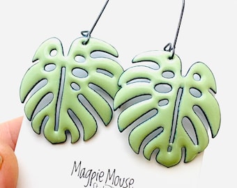 Lichen Green Enamel Monstera Leaf Earrings, Sterling Silver Earwires