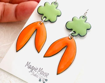 Retro Tropical Leaf Earrings, Pumpkin Orange and Spring Green Enamel Leaf Earrings, Carrot Earrings, Women’s Earrings, Handmade Jewelry