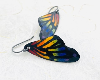 Butterfly Earrings, Wing Earrings, Rainbow Earrings, Pride Earrings, Rainbow Enamel Monarch Butterfly Wing Earrings, Enamel Earrings