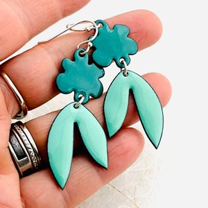 Retro Tropical Leaf Earrings, Mint Green and Spruce Green Enamel Leaf Earrings, Statement Earrings, Womens Earrings, Handmade Jewelry image 8