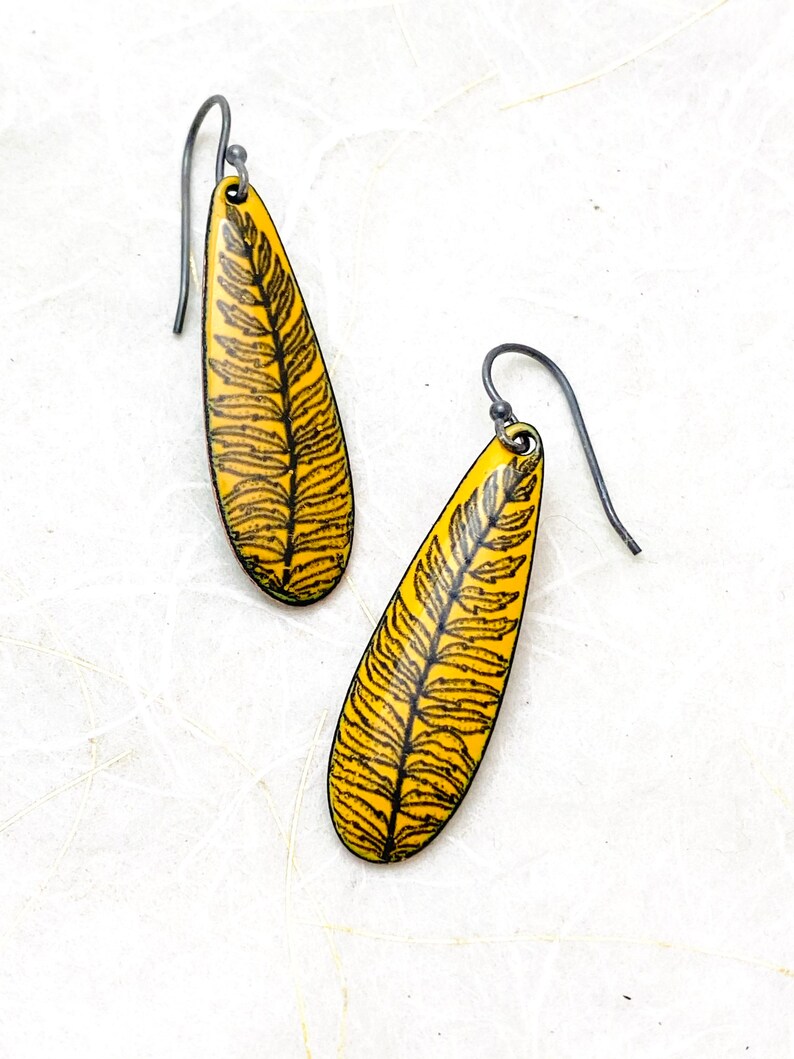 Fern Earrings ~ Yellow Enamel Fern Earrings