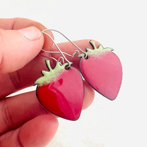 Strawberry Earrings, Red Enamel Strawberry Earrings, Cute Earrings, Dangle Earrings, Gift For Her, Womens Earrings,  Fruit Earrings