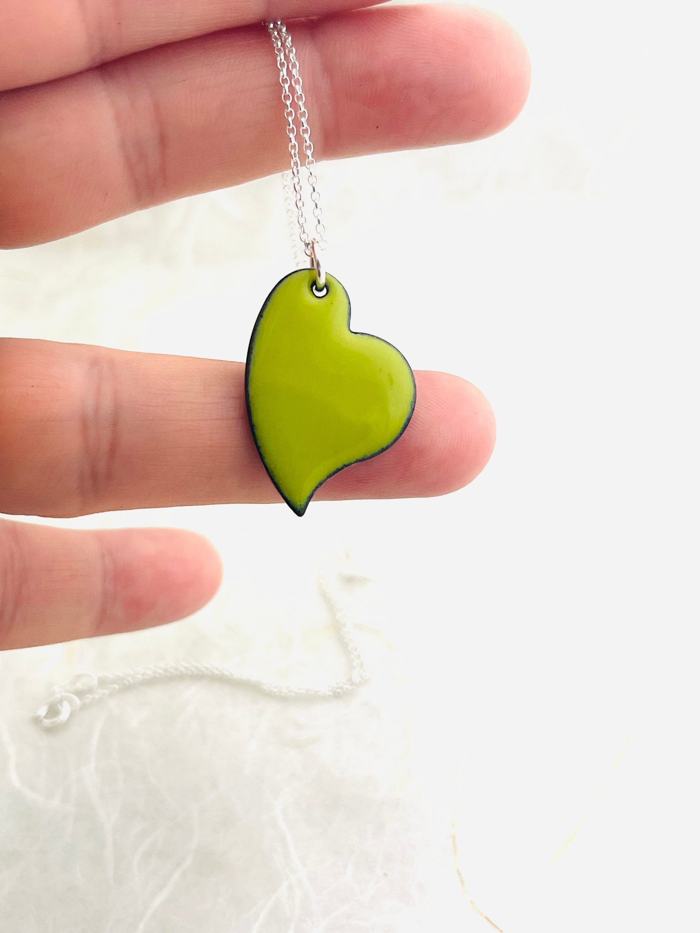 Heart Necklace, Chartreuse Green Enamel Glass, Asymmetrical