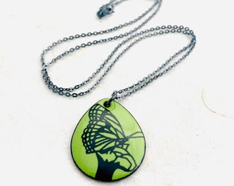 Butterfly Necklace ~ Green Enamel Butterfly Print Pendant Necklace