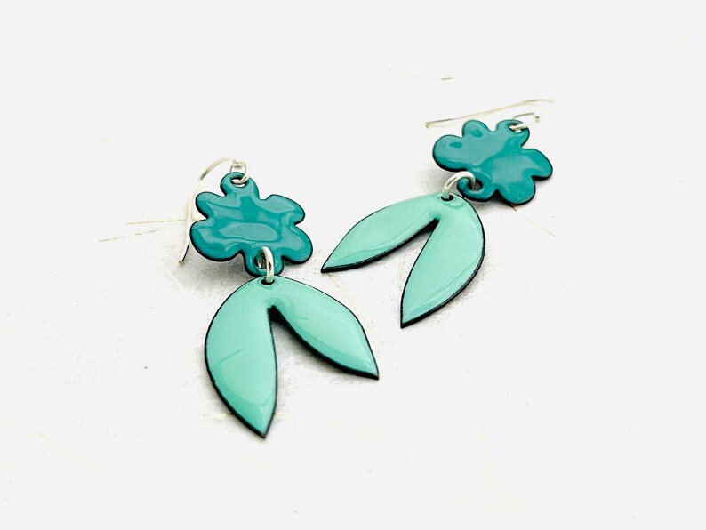 Retro Tropical Leaf Earrings, Mint Green and Spruce Green Enamel Leaf Earrings, Statement Earrings, Womens Earrings, Handmade Jewelry image 6